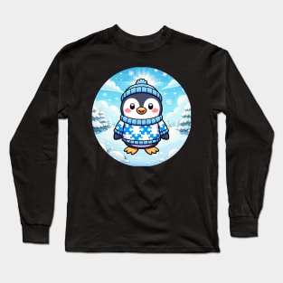 Cute Winter Penguin With Christmas Background And Puzzle Piece Sweater Long Sleeve T-Shirt
